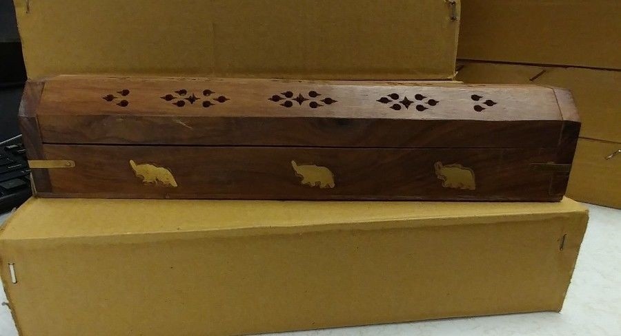 Coffin Incense Burner Brown with Brass Elephants Carved Wood Cones & Sticks