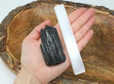 Black Tourmaline Chunk and 1 Selenite Stick 5", High Grade, Selenite Crystal