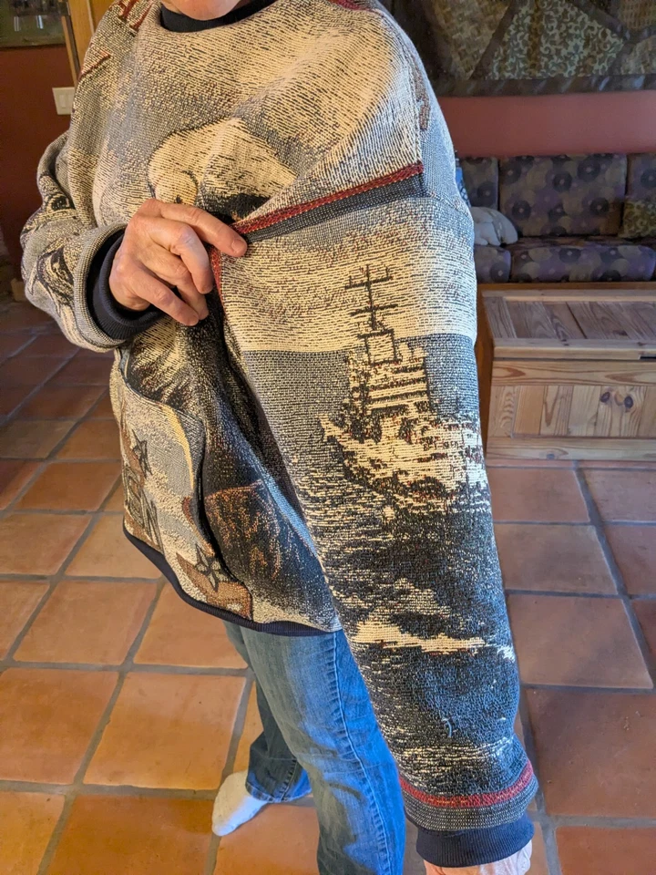 Manta a sudadera azul marino rehecha, camisa pulóver de peso pesado, azul marino papá o mamá Foto 4 de 4