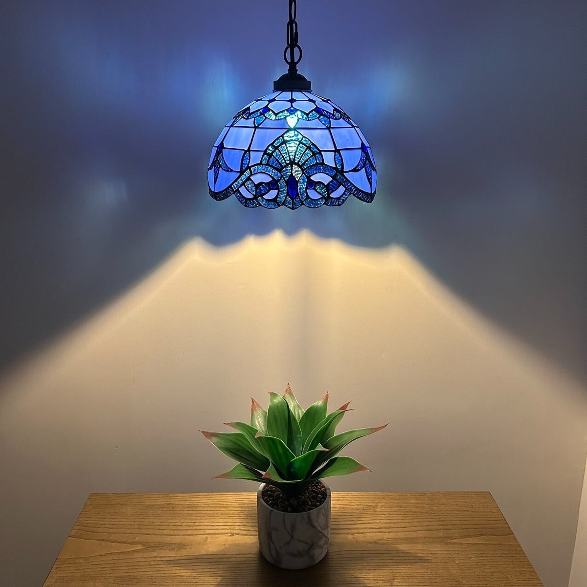 Tiffany Style Hanging lighting Plug in Blue Stained Glass Baroque