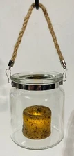 ONE PETITE SILVER "SAYLOR" FARMHOUSE JUTE GLASS LANTERN CANDLE HOLDER W/ VOTIVE