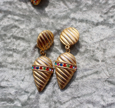 Boucles D'Oreilles Clips Vintage Années 80 - Doré Avec Strass Et Goutte Colorée