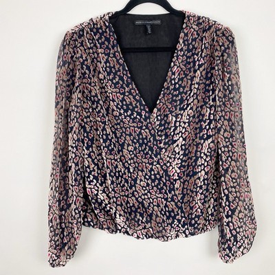 White House Black Market Velvet Burnout Leopard Wrap Blouse Womens M Pink Black