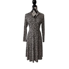 La Cera Black Cream Geometric Circle Print Long Sleeve Midi Shirt Dress Medium