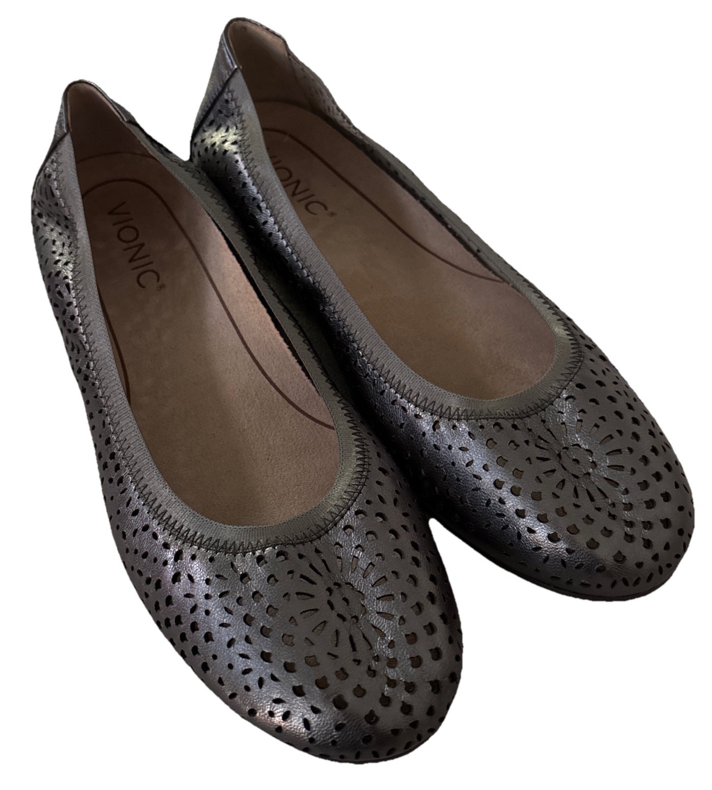 Vionic Flats Robyn Pewter Perforated Leather Ballet Silver Metallic Size 8-image