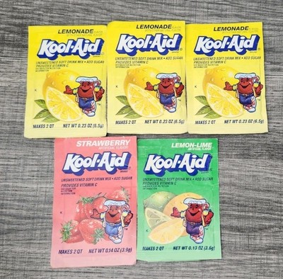 Vtg Kool-Aid Packets Lemonade Lemon-Lime Strawberry Sealed NOS Lot Of 5