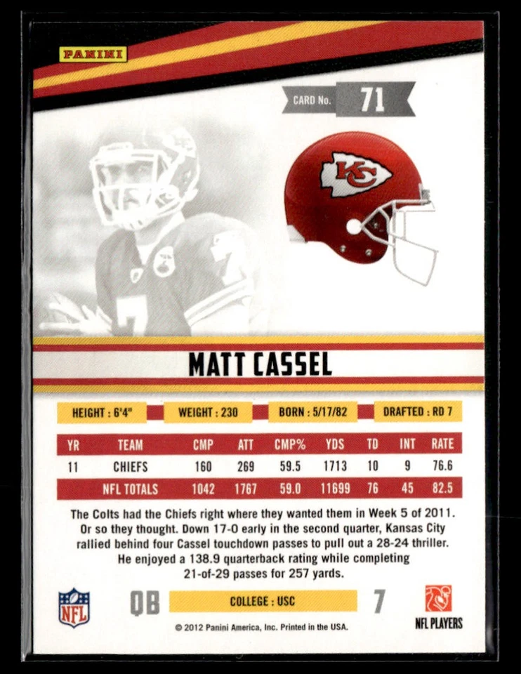 2012 Panini Rookies & Stars Longevity #71 Matt Cassel Card Kansas City Chiefs - Image 2 of 2