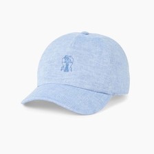 New Brunello Cucinelli Linen Embroidered Front Logo Blue Baseball Cap Hat