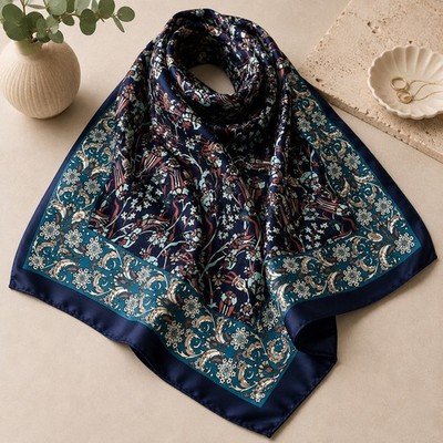 Sal Dunyasi Bursa Silk Scarf Made in Turkey Navy Blue Floral Ornate Square Scarf
