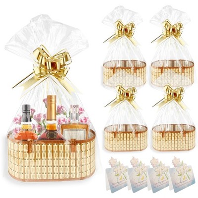 4 PCS Large Foldable Woven Bamboo Empty Gift Basket Kit Handle Party Decor