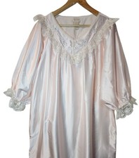 Vintage Barbizon Pink Satin  Lace House Dress Nightgown Size S 70s Cotton Lined
