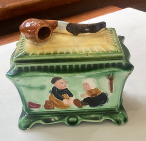 German Majolica Covered Trinket Box with Holland Children & Tobacco Pipe on Lid