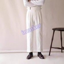 Summer Mens Casual High Waisted Suit Pants Business Formal Straight Leg Trousers