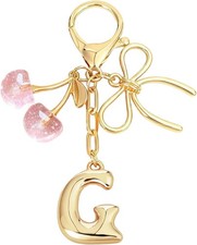 Cherry Bow Initial Letter Pink Bag Charm Keychain for Purse Handbag Women Gift