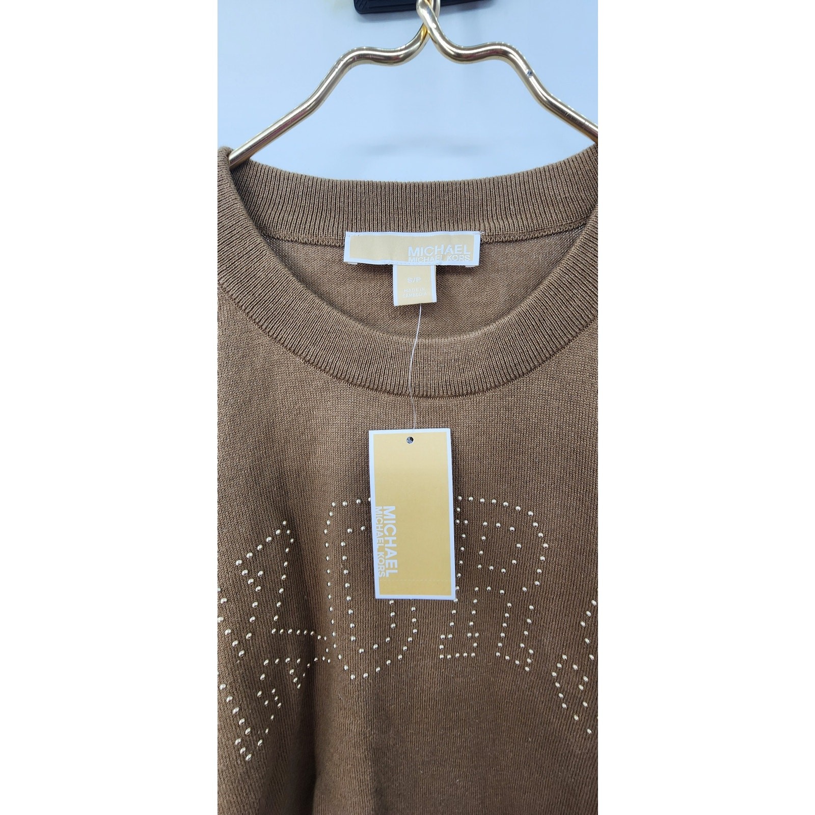 New NWT Kors Michael Kors Brown Gold Studded Logo Sweater Size Small  thumbnail 5