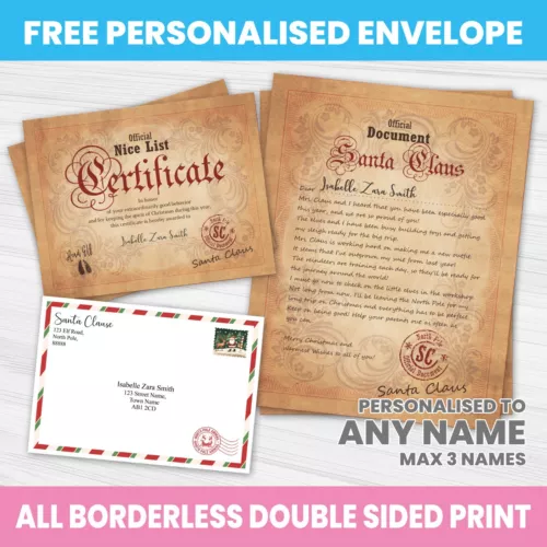 PERSONALISED LETTER FROM SANTA NICE LIST CERTIFICATE CHILDRENS CHRISTMAS EVE BOX