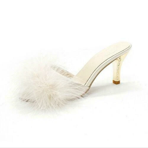 Damen High Heels Hausschuhe Flauschig Fell Peeptoe Stiletto Party Schuhe Pantoletten Sandalen - Bild 13 von 27