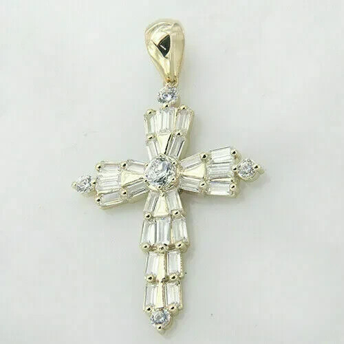 14K Yellow Gold Finish 2.50Ct Round & Baguette Cut VVS1/D Diamond Cross Pendant