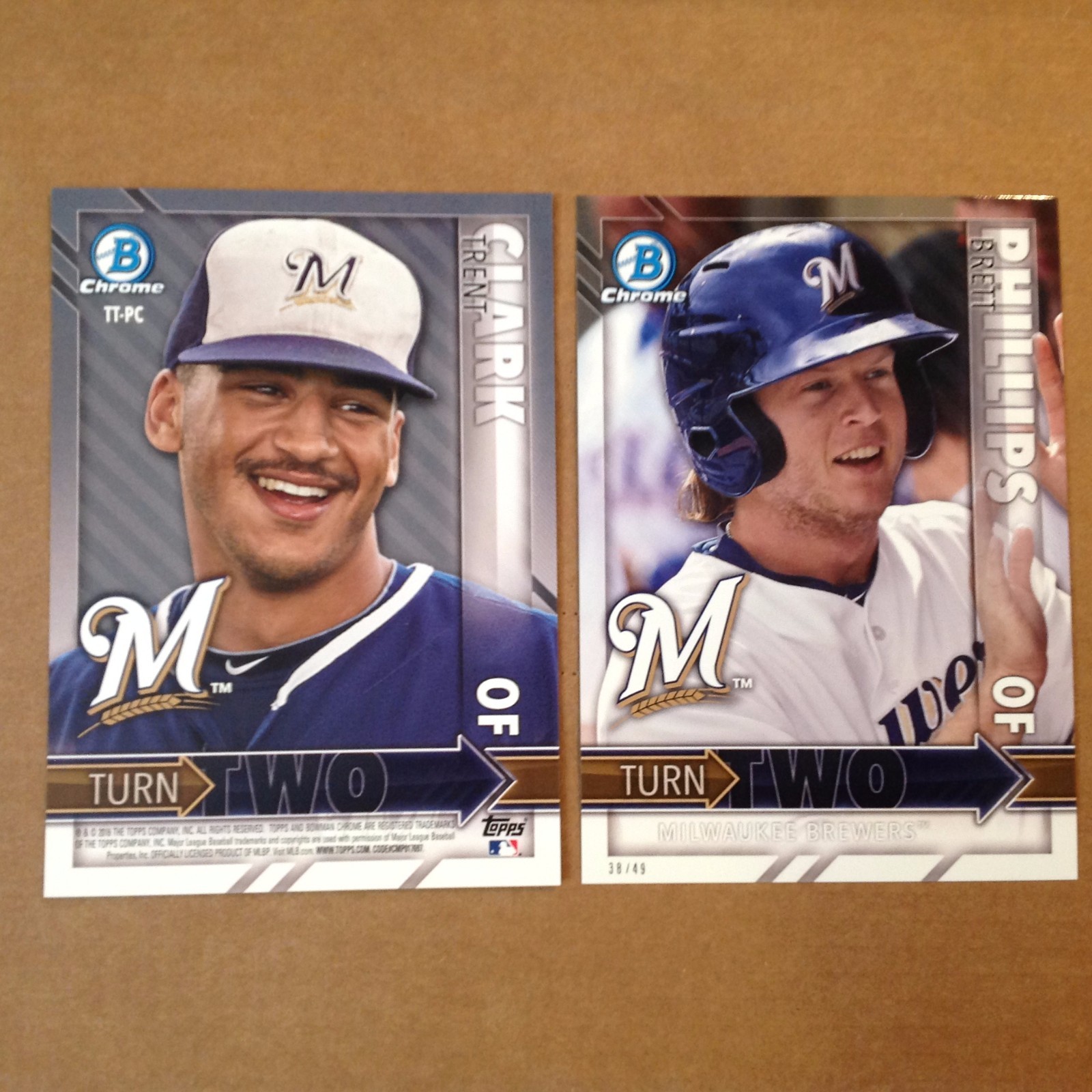 Trent Clark Brett Phillips Brewers RC #/49 made 2016 Bowman Chrome 5x7 Turn Two