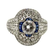925 Silver Art Deco Style Sapphire and Old European Cut White CZ Engagement Ring