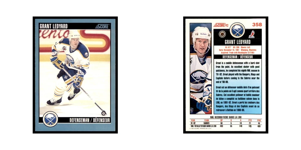 1992 Score Canadian Grant Ledyard Buffalo Sabres #358 - Image 3 of 3