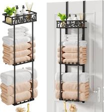 Over Door Towel Rack Wall Mounted Towel Holder with Shelf and Hooks Black Metal