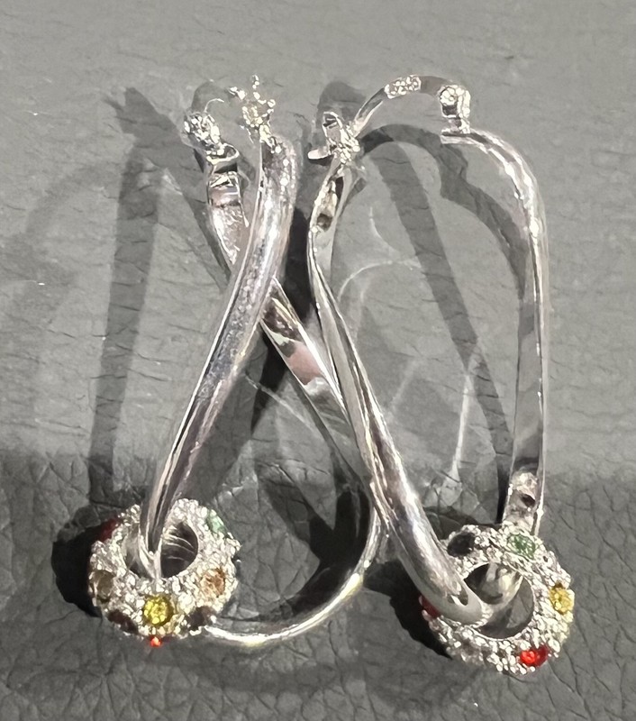 Gorgeous Silver Metal Twisted Hoops With Multi Colored Rings