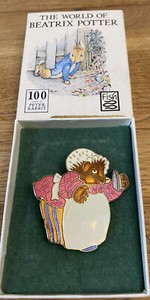 Authentic Mrs Tiggywinkle enamel brooch 22ct gold plated Fish 100 years of Peter Rabbit