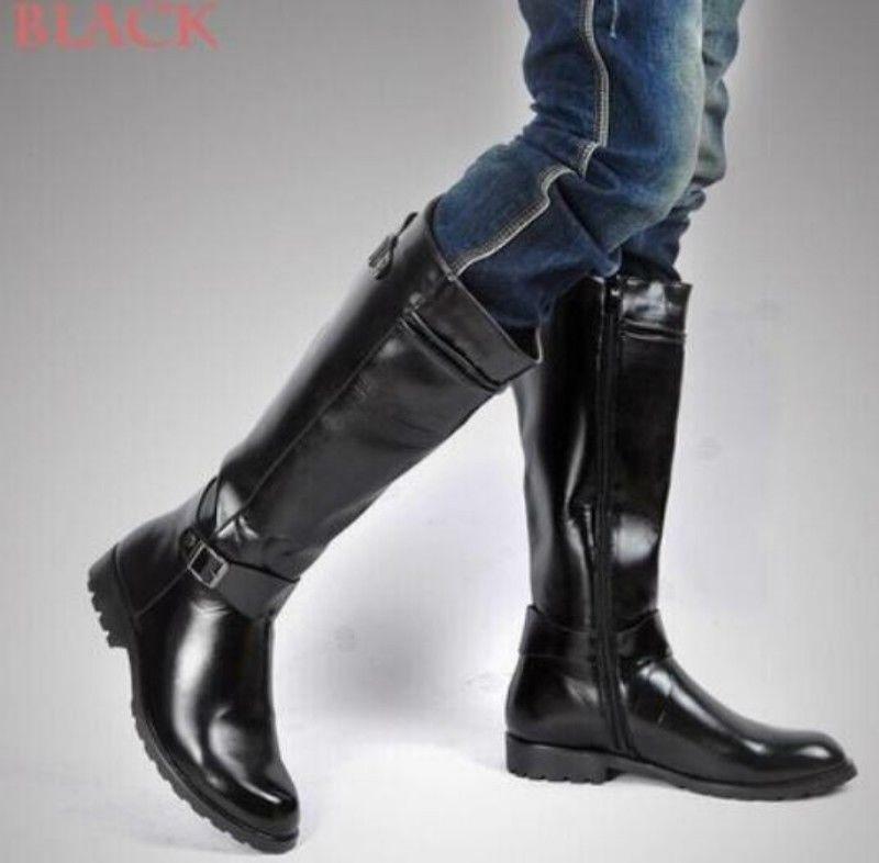 Mens Knee High Combat Military Boots Leather Side Zip Riding boots Shoes eBay