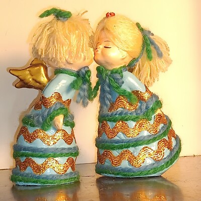 Vintage Kissing Angel Figurines Japan 1960s Porcelain Hand Painted Pair 5.5''
