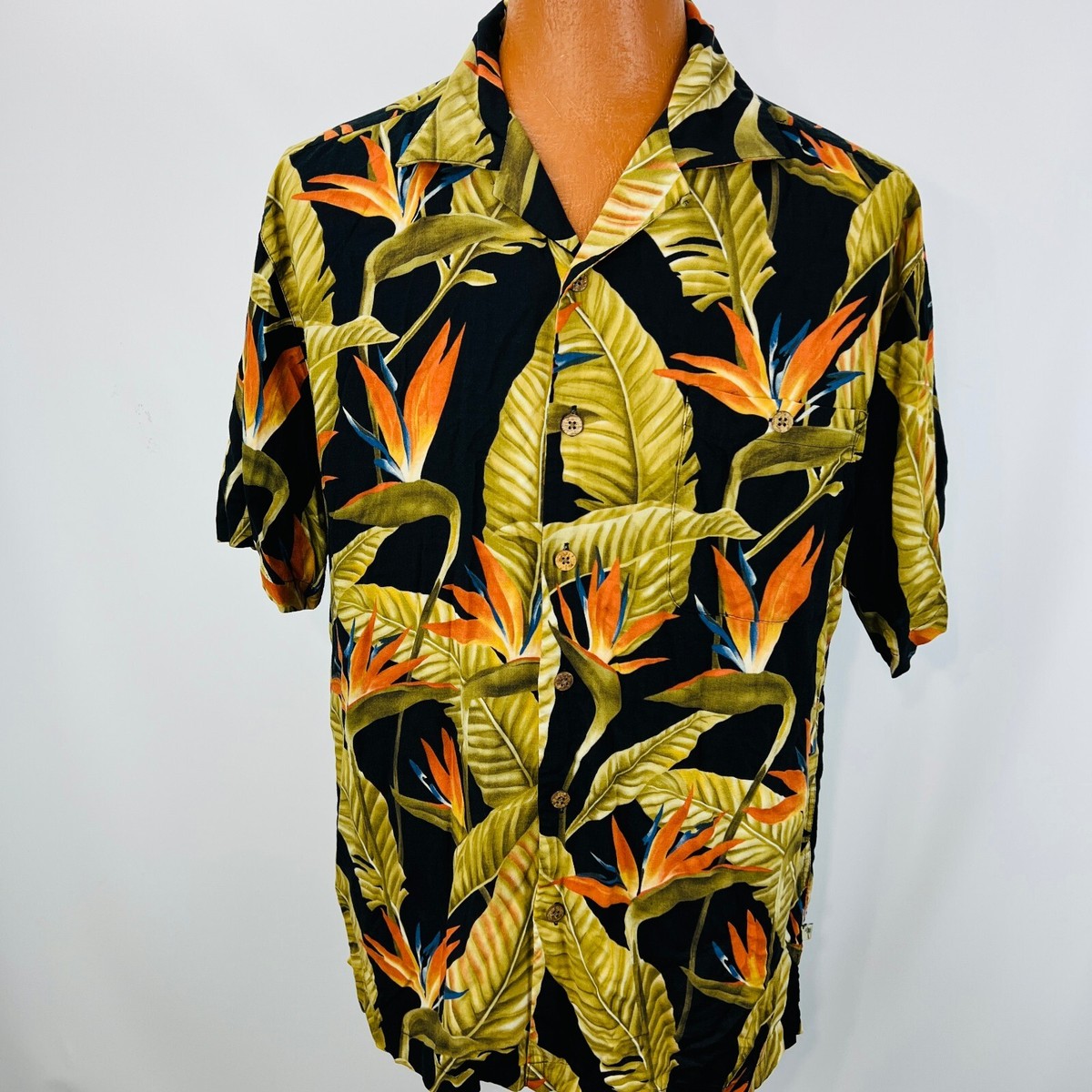 Vtg Island Shores Hawaiian Aloha L Shirt Birds Of Paradise Palm