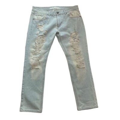 Mens Factory Distressed Ripped Denim Blue Jeans u Light Wash 38