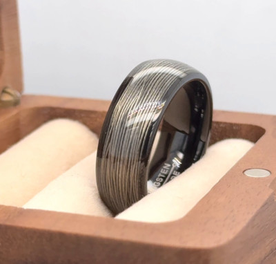 Rolled Wire Inlay Modern Ring Special Date Ring Black Tungsten Wedding Ring