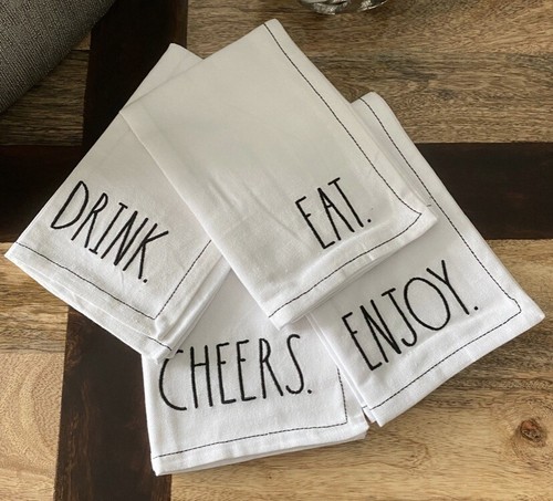 Rae Dunn Cotton Blend Napkins Set EAT. DRINK. ENJOY. CHEERS. Set of 4 - NEW - Picture 3 of 3