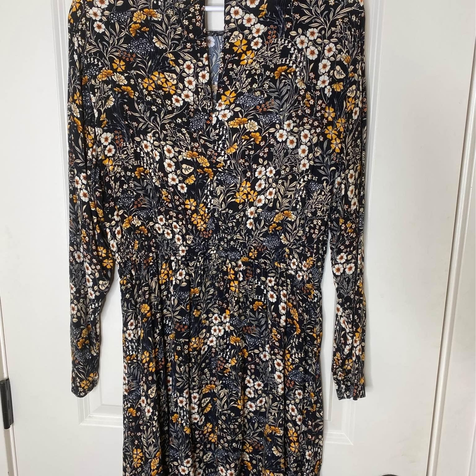 H&M Floral Mini Dress Womens 12 Black Yellow Ditsy Long Sleeve Boho Fall thumbnail 4
