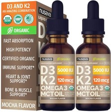 2 Pack Organic Vitamin D3 K2 Drops with MCT Oil Omega 3 5000 IU Maximum Stren...