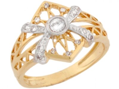 10k or 14k Two-Tone Real Gold Unique Design Ring with CZ Accents