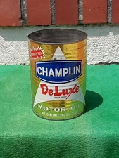 Vintage Quart CHAMPLIN Deluxe Motor Oil Ribbed Tin Can Enid Oklahoma