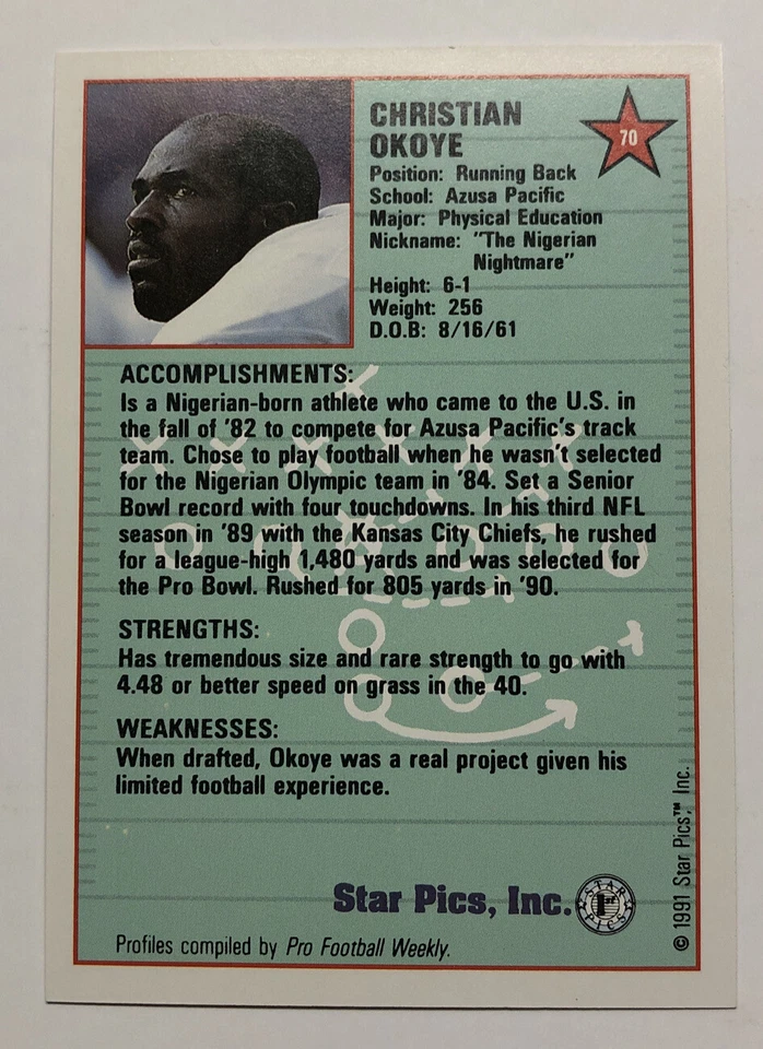 1991 Star Pics Flashback Christian Okoye Football Card #70 Chiefs High-Grade NM - Image 2 of 2