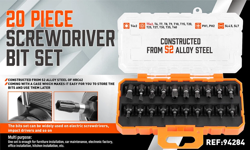 20pc Security Torx Bit Set TamperProof Star Impact Grade S2 T4-T40 PH1,2 SL4.5,7 - Image 2 of 4