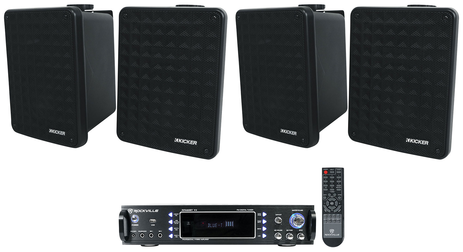 4) Kicker KB6 6.5" Black Indoor/Outdoor Home Theater Speakers+Bluetooth Receiver