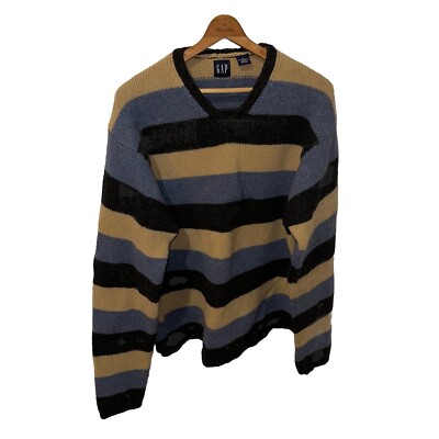 Vintage GAP 100% Lambs Wool V Neck Sweater Striped Men's XL