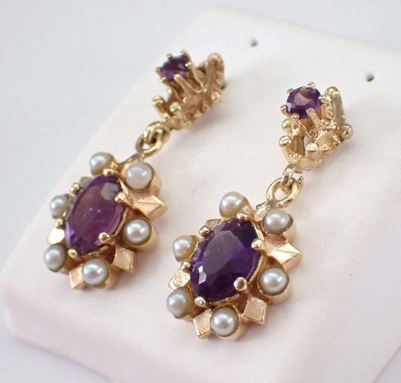 Delicate Dangle Earring 14K Yellow Gold Plated 2Ct Oval Cut Lab-Created Amethyst - Image 3 of 4