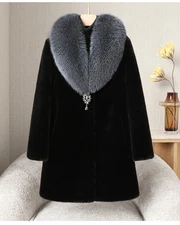 New Mink Fur Coat Women's Mid Long Real Fox Fur Collar Thicken Warm Furry Coat