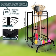 Three-tier metal floor-standing garden tool storage rack