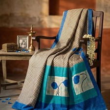Sanskriti Vintage White-Blue Pure Silk Dupatta/Stole Floral Printed Indian Veil