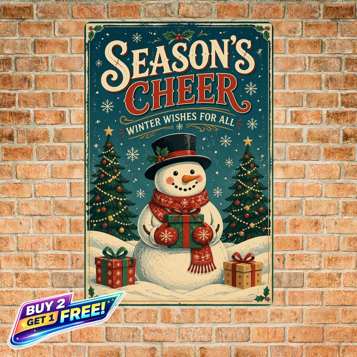 Holiday Snowman Tin Metal Sign Vintage Christmas Home Wall Decor