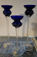 THREE (3) ROMANIAN CRYSTAL CLEAR TWIST STEM COBALT BLUE TAPER CANDLE HOLDERS