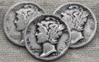 Lot of 3 Mercury Dimes 1943 PDS : 1943P, 1943D, 1943S - .9 Fine Silver Coins