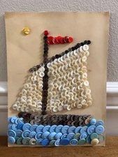 VINTAGE BUTTON ART SAILBOAT HANDMADE MIXED MEDIA COLLAGE MCM FOLK ART ORIGINAL